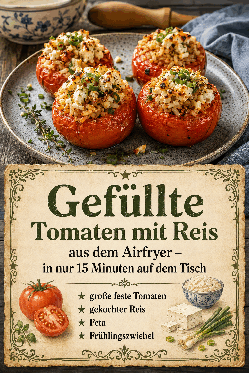 - große feste Tomaten - gekochter Reis - Feta - Frühlingszwiebel