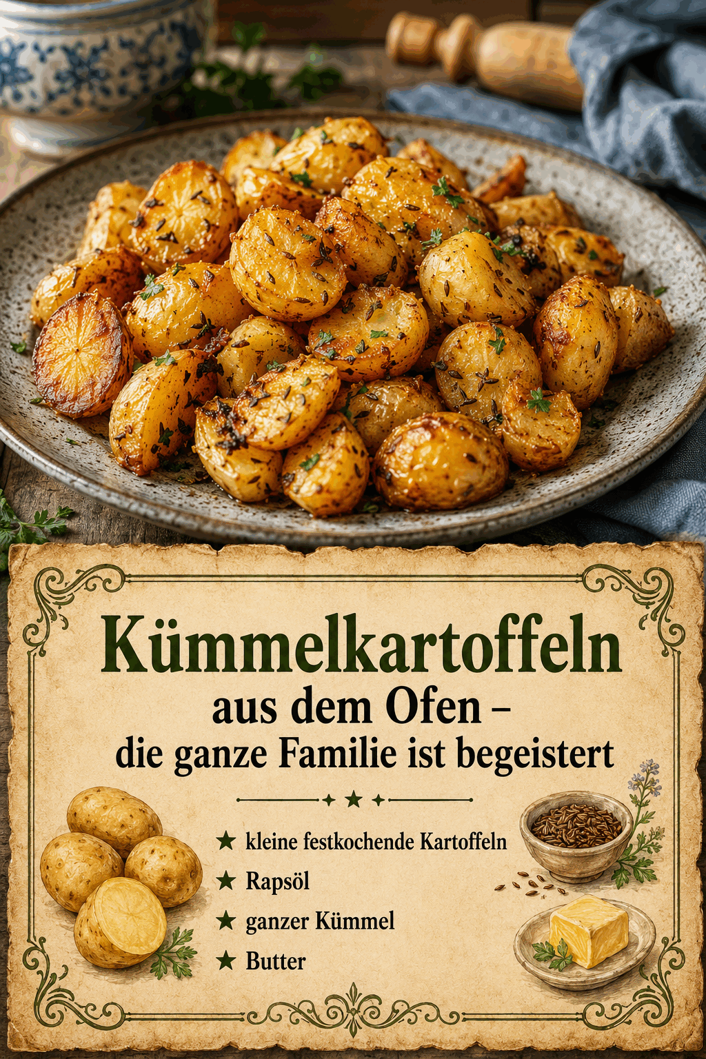 - kleine festkochende Kartoffeln - Rapsöl - ganzer Kümmel - Butter