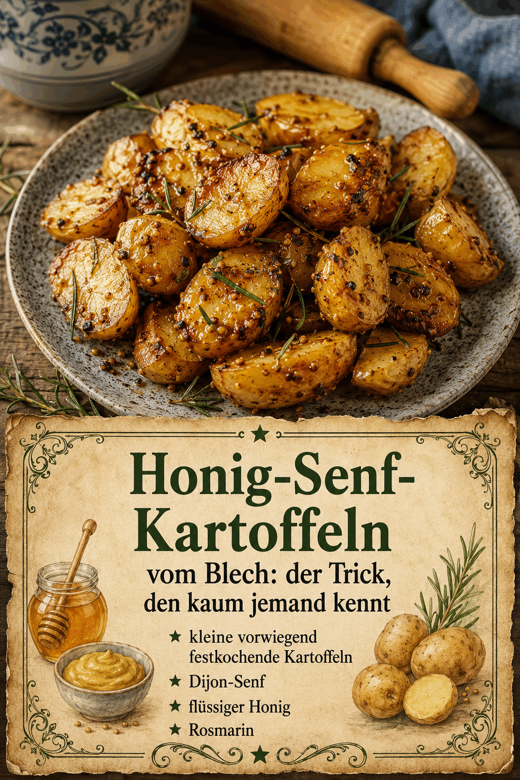 - kleine vorwiegend festkochende Kartoffeln - Dijon-Senf - flüssiger Honig - Rosmarin