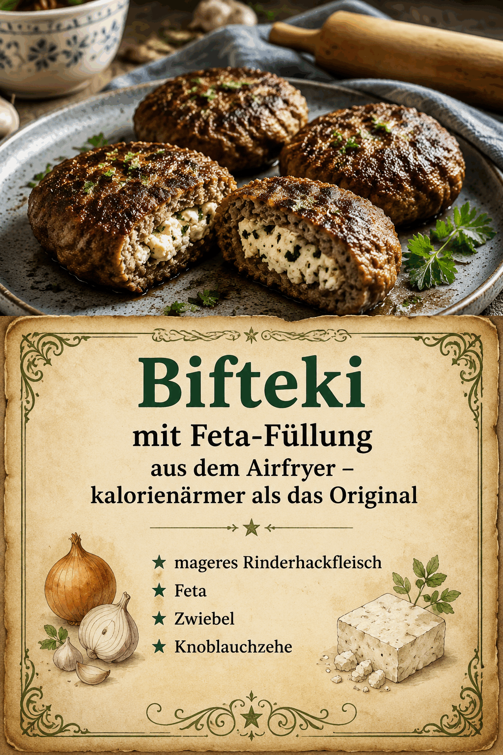 - mageres Rinderhackfleisch - Feta - Zwiebel - Knoblauchzehe