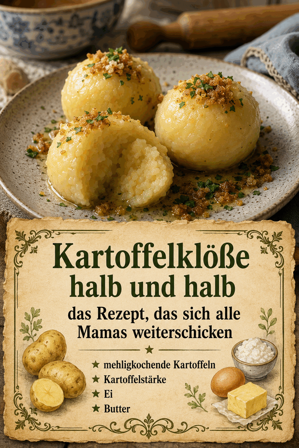 mehligkochende Kartoffeln, Kartoffelstärke, Ei, Butter