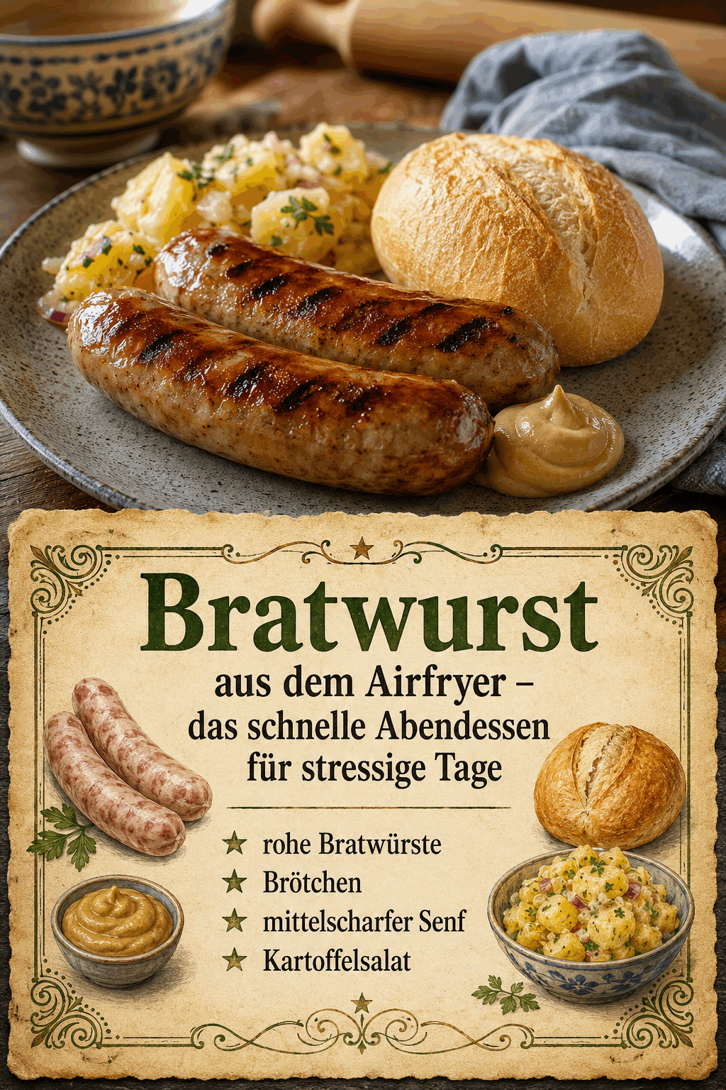 - rohe Bratwürste - Brötchen - mittelscharfer Senf - Kartoffelsalat
