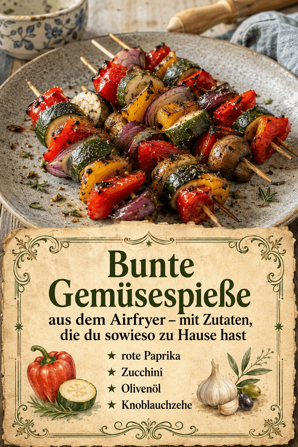 Bunte Gemüsespieße aus dem Airfryer – mit Zutaten, die du sowieso zu Hause hast