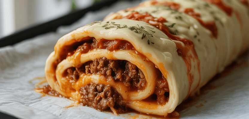 1 Paket Pizzateig eingerollt mit Hackfleisch in 10 Minuten im Ofen