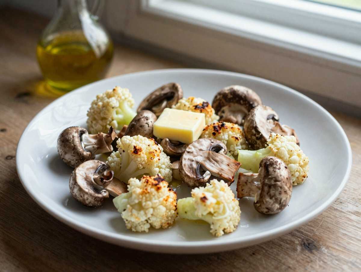 15 Minuten Blumenkohl Champignons Pfanne mit 3 Zehen Knoblauch – während der Zubereitung