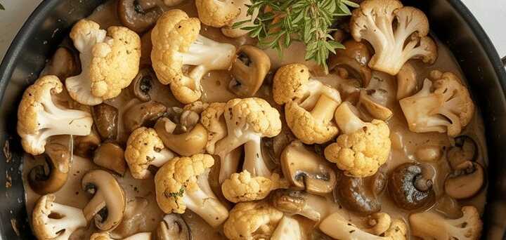 15 Minuten Blumenkohl Champignons Pfanne mit 3 Zehen Knoblauch