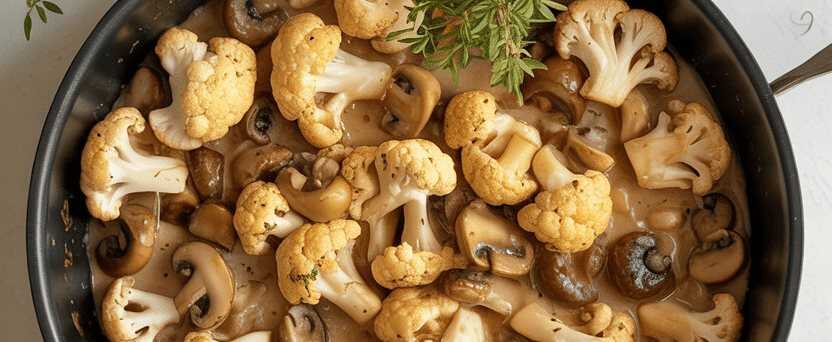 15 Minuten Blumenkohl Champignons Pfanne mit 3 Zehen Knoblauch