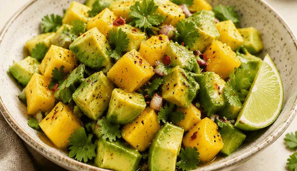 15-Minuten Avocado-Mango-Salat mit würzigem Limetten-Dressing – Ein schneller Genuss!