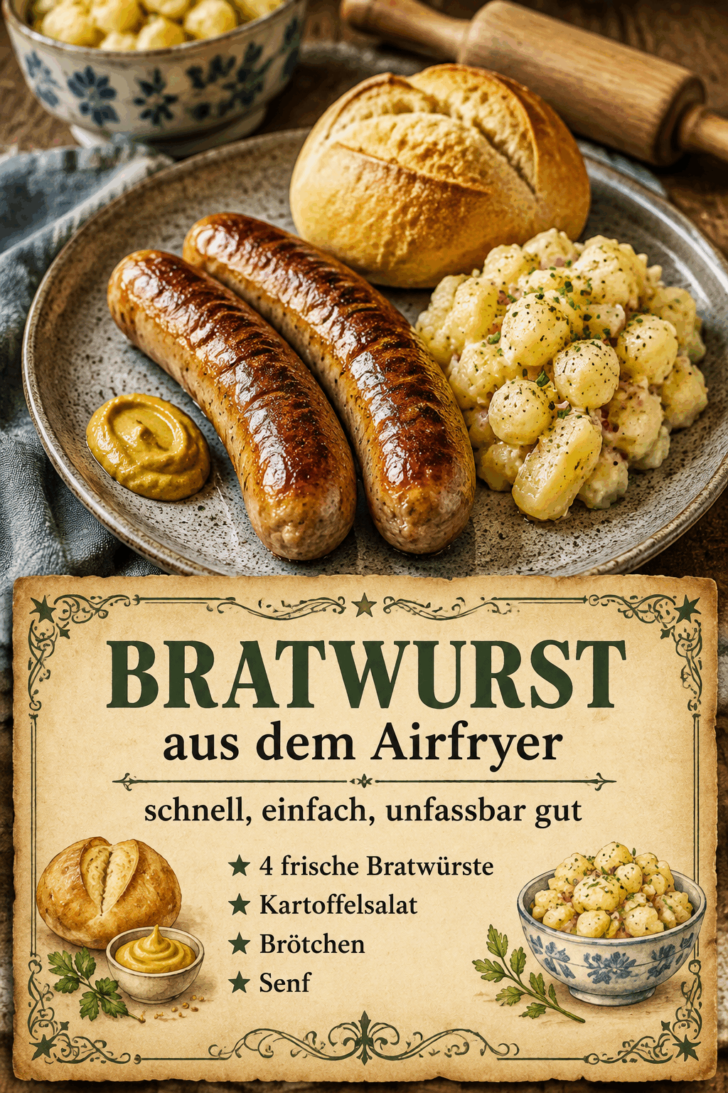 - 4 frische Bratwürste - Kartoffelsalat - Brötchen - Senf