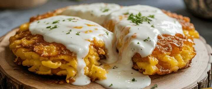 4 Kartoffeln, 3 Eier, Milch, Mehl und Mozzarella, alles zusammenmischen soo lecker!