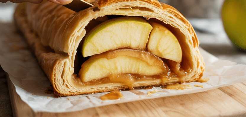 500 g Blätterteig mit 3 Äpfel zu Log formen und ab in den Ofen!
