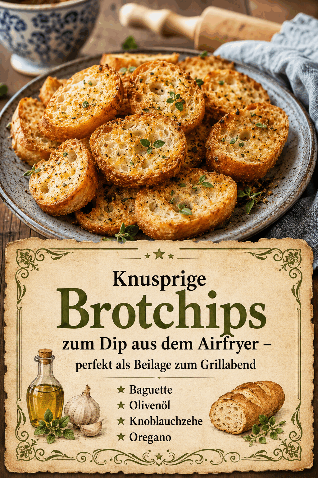 Knusprige Brotchips zum Dip aus dem Airfryer – perfekt als Beilage zum Grillabend