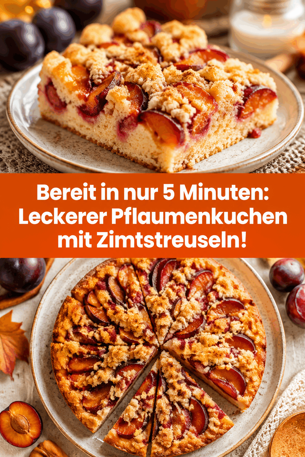 Bereit in nur 5 Minuten: Leckerer Pflaumenkuchen mit Zimtstreuseln!