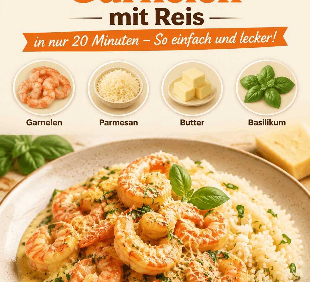 Cremige Parmesan-Basilikum-Garnelen mit Reis in nur 20 Minuten – So einfach und lecker!