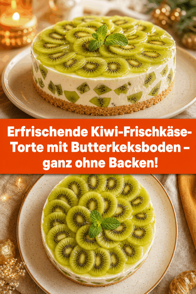 Erfrischende Kiwi-Frischkäse-Torte mit Butterkeksboden – ganz ohne Backen!