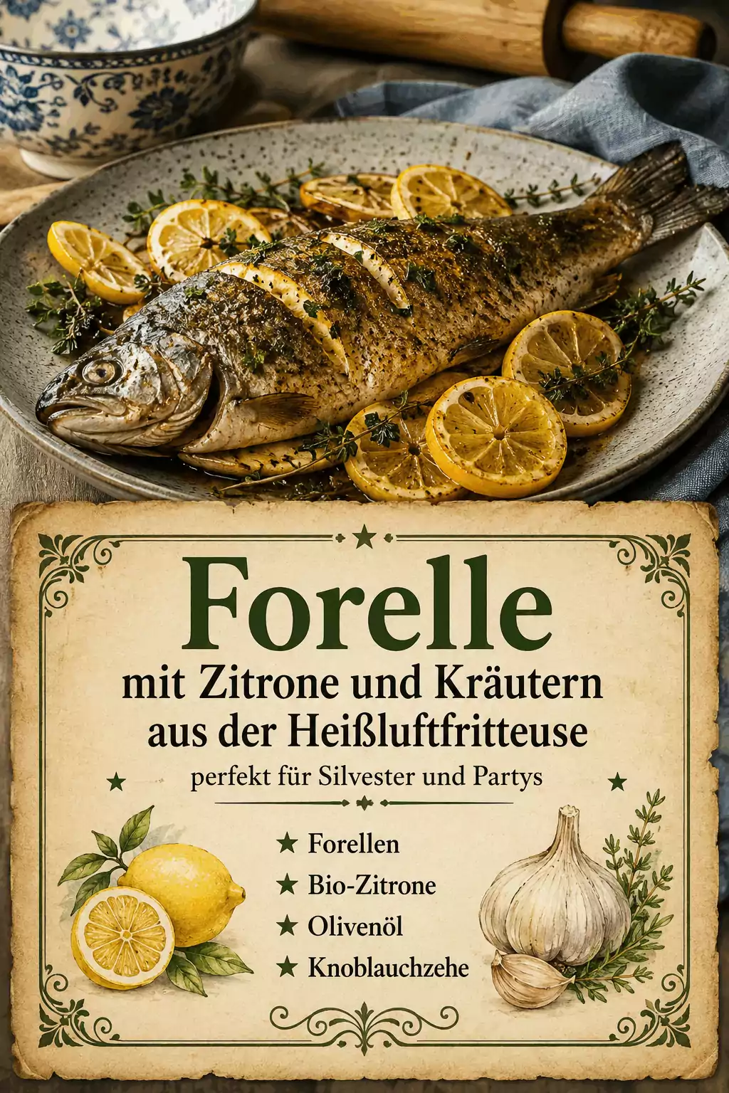 Forelle mit Zitrone und Kräutern aus der Heißluftfritteuse, perfekt für Silvester und Partys