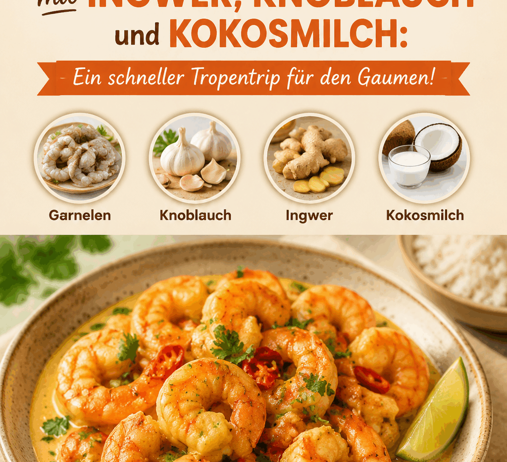 Garnelen mit Ingwer, Knoblauch und Kokosmilch: Ein schneller Tropentrip für den Gaumen!