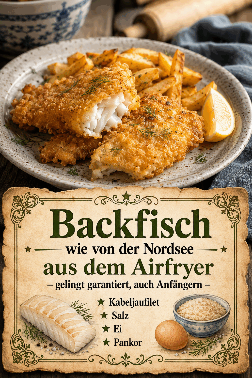 Kabeljaufilet, Salz, Ei, Panko