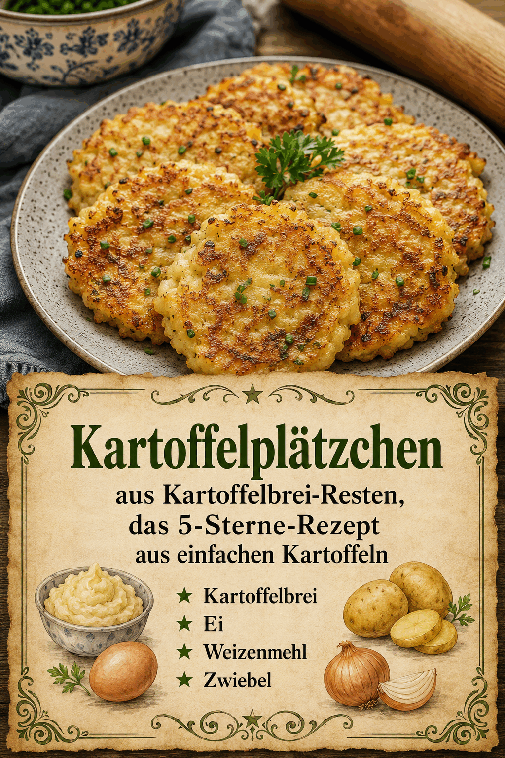 - Kartoffelbrei - Ei - Weizenmehl - Zwiebel
