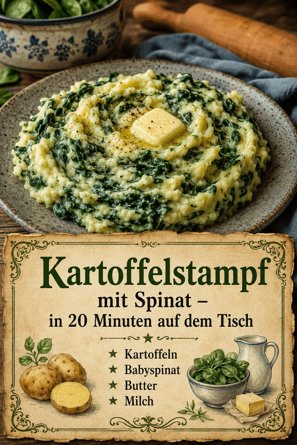 - Kartoffeln - Babyspinat - Butter - Milch