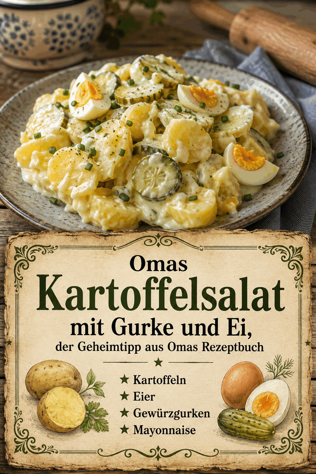 Omas Kartoffelsalat mit Gurke und Ei, der Geheimtipp aus Omas Rezeptbuch