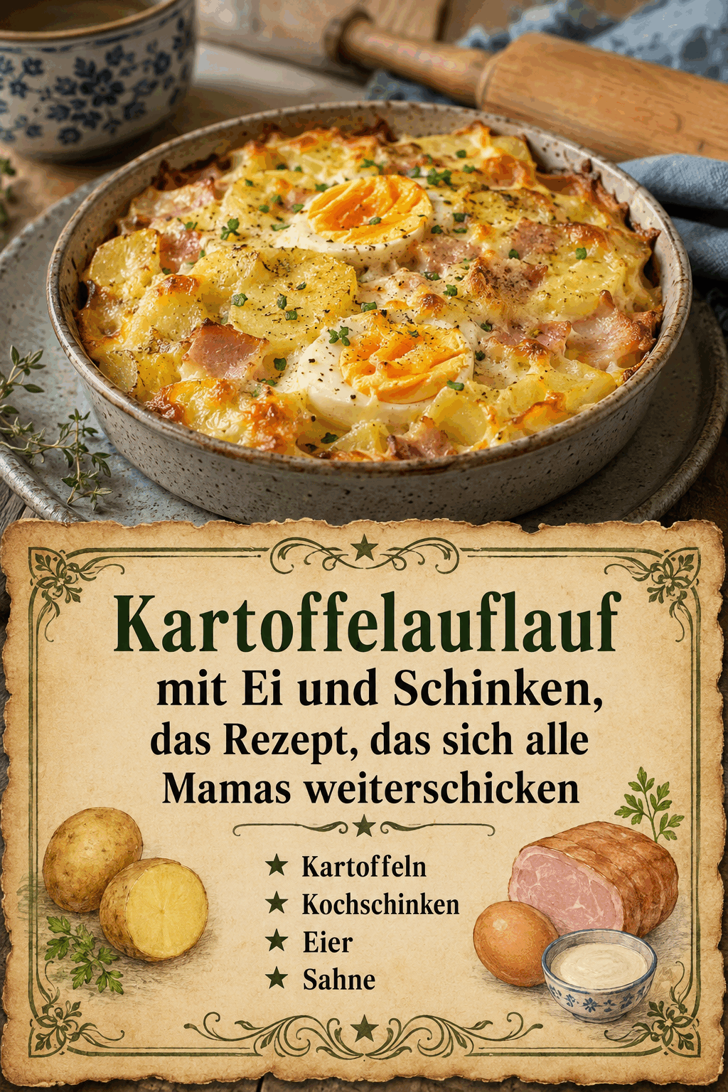 Kartoffeln, Kochschinken, Eier, Sahne