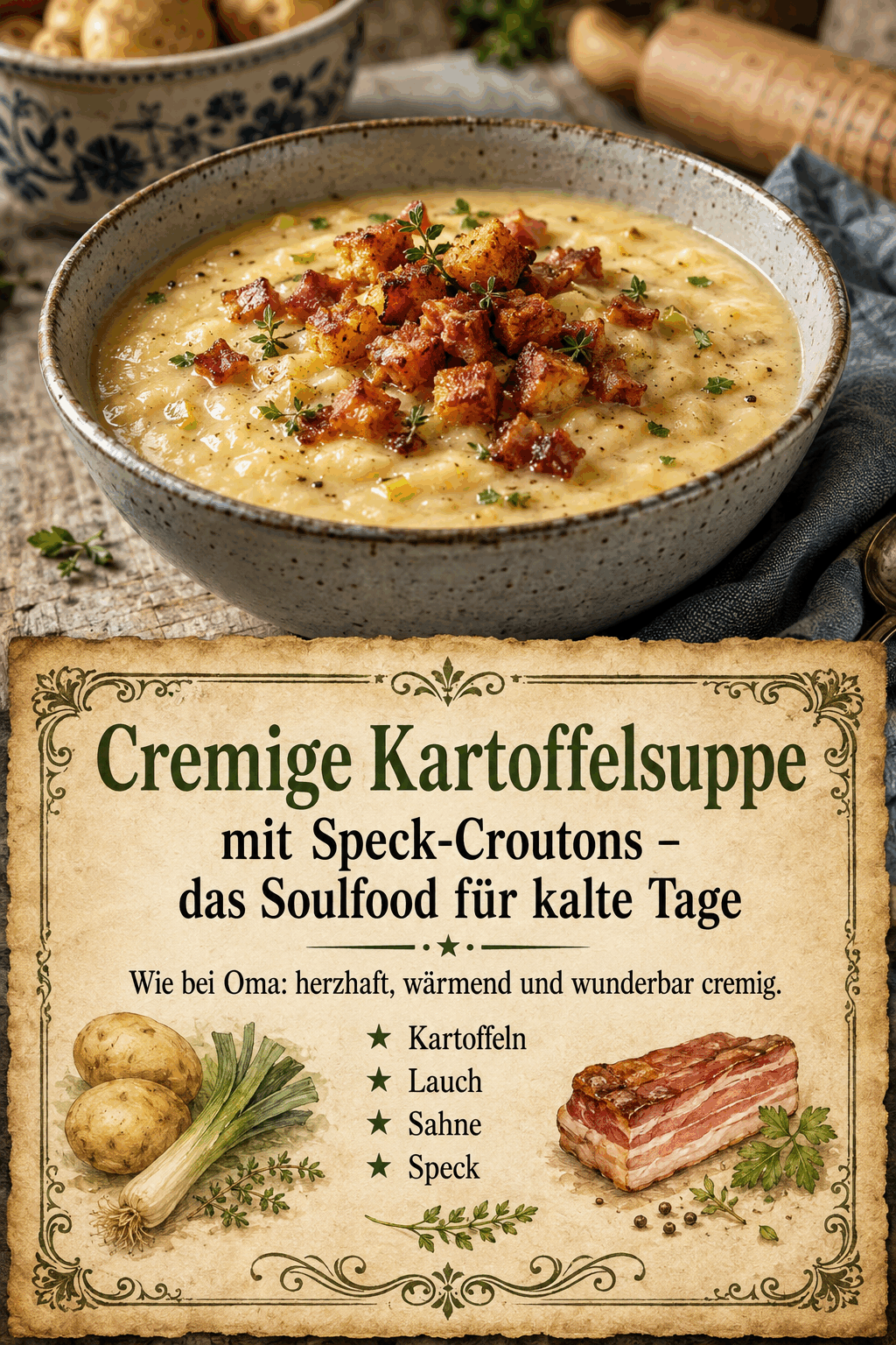 Cremige Kartoffelsuppe mit Speck-Croutons – das Soulfood für kalte Tage