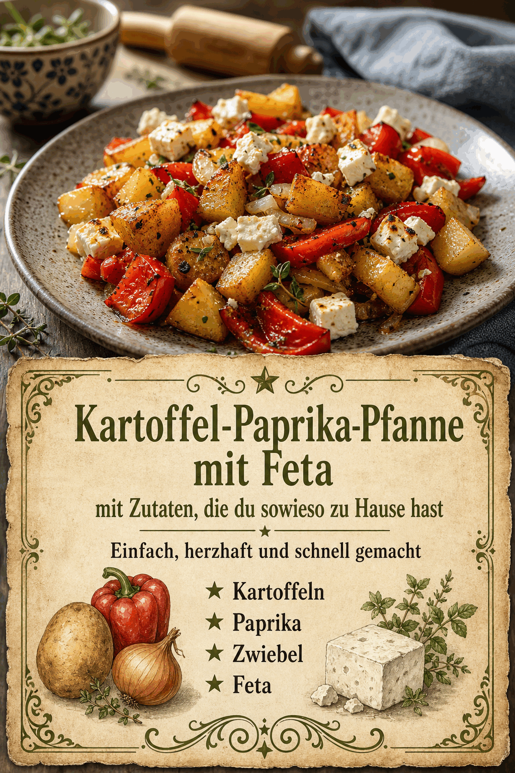 Kartoffel-Paprika-Pfanne mit Feta – mit Zutaten, die du sowieso zu Hause hast