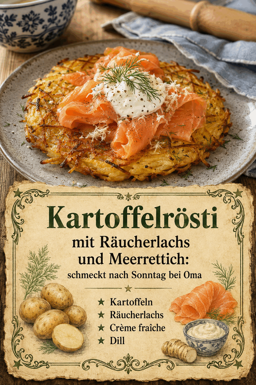 Kartoffeln Räucherlachs Crème fraîche Dill