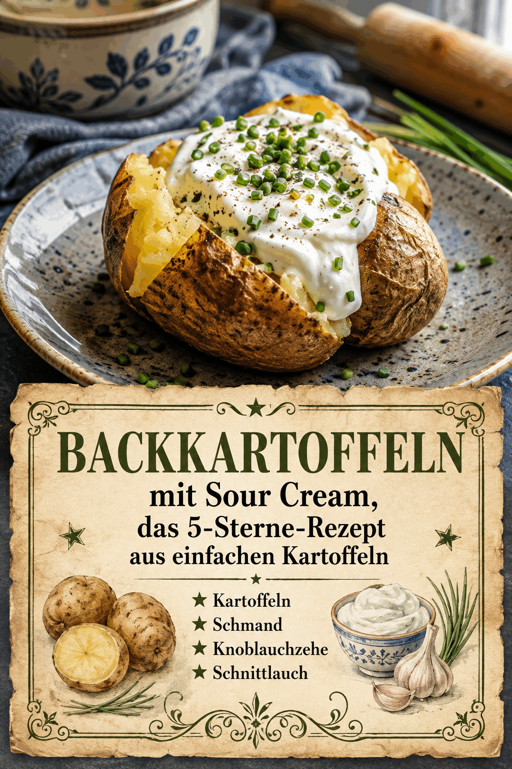 Kartoffeln Schmand Knoblauchzehe Schnittlauch
