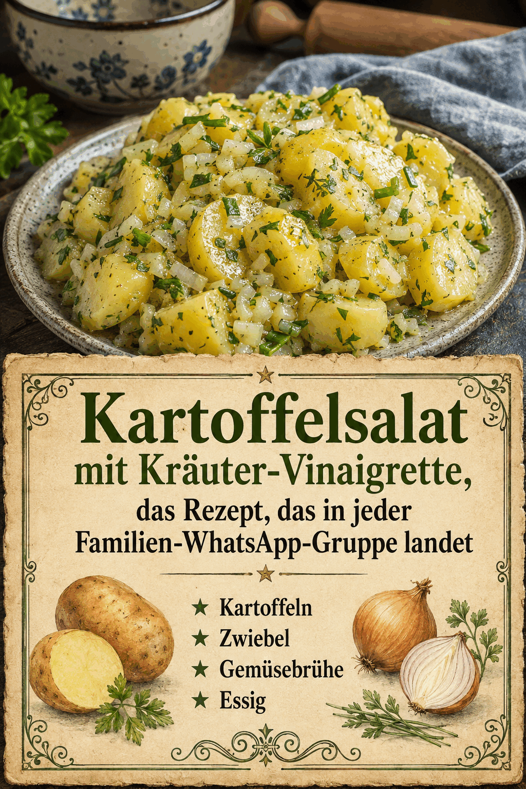 Kartoffelsalat mit Kräuter-Vinaigrette, das Rezept, das in jeder Familien-WhatsApp-Gruppe landet