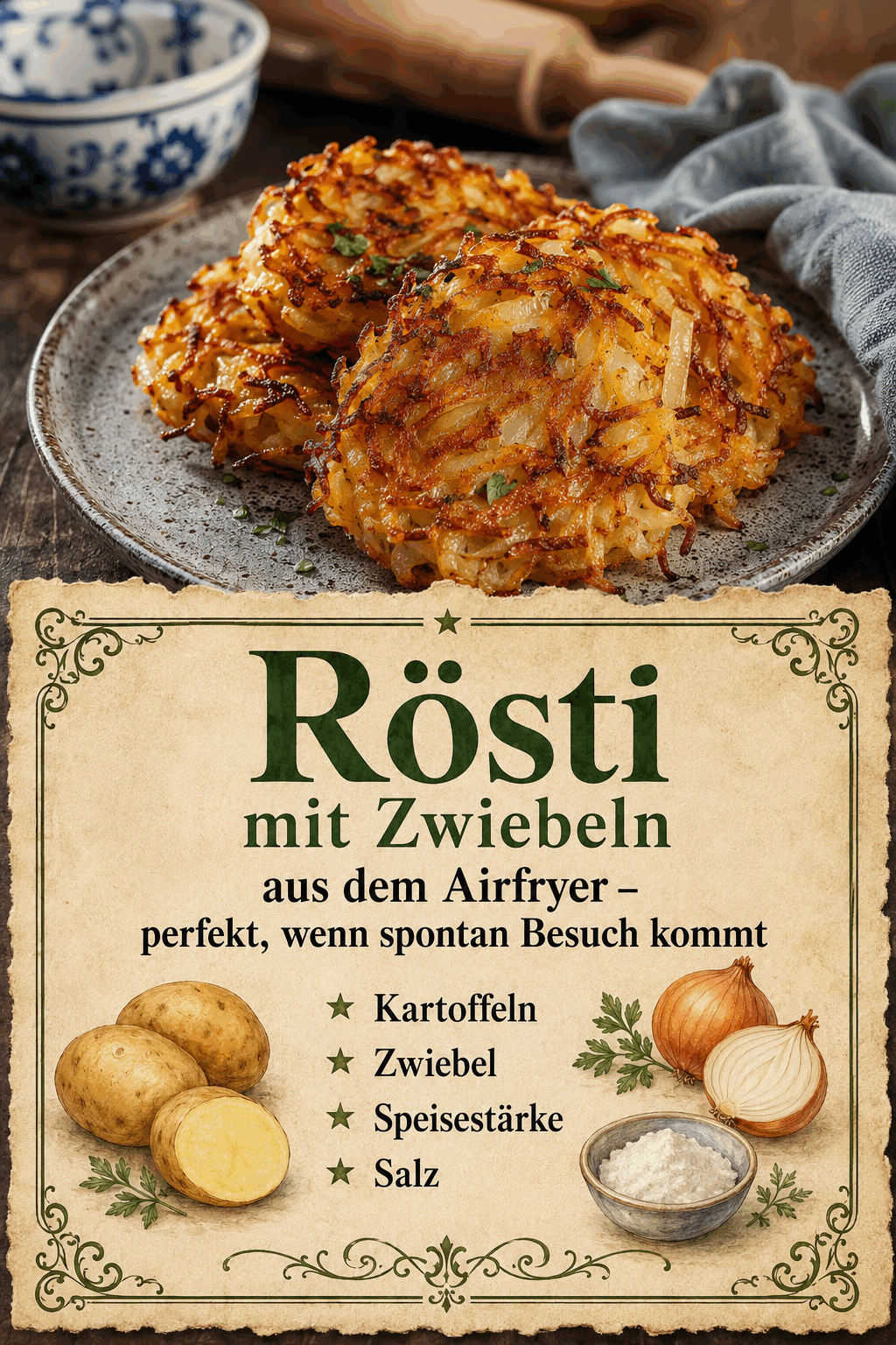 Rösti mit Zwiebeln aus dem Airfryer – perfekt, wenn spontan Besuch kommt