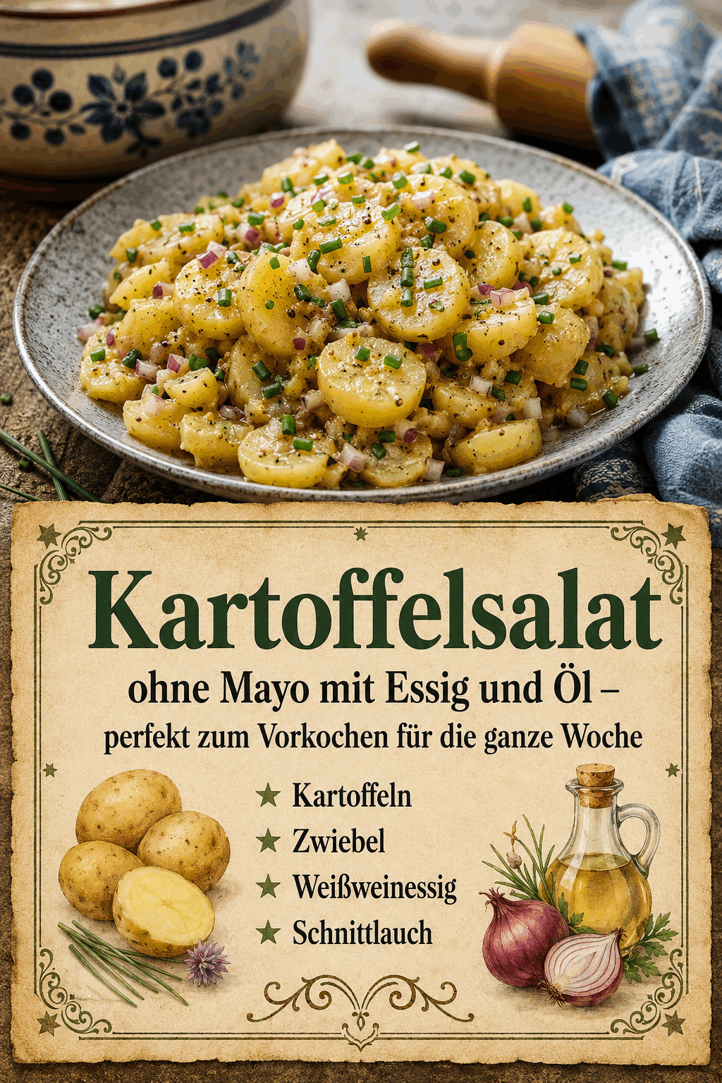 Kartoffeln, Zwiebel, Weißweinessig, Schnittlauch