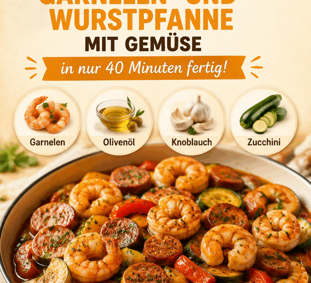 Leckere Garnelen- und Wurstpfanne mit Gemüse in nur 40 Minuten fertig!