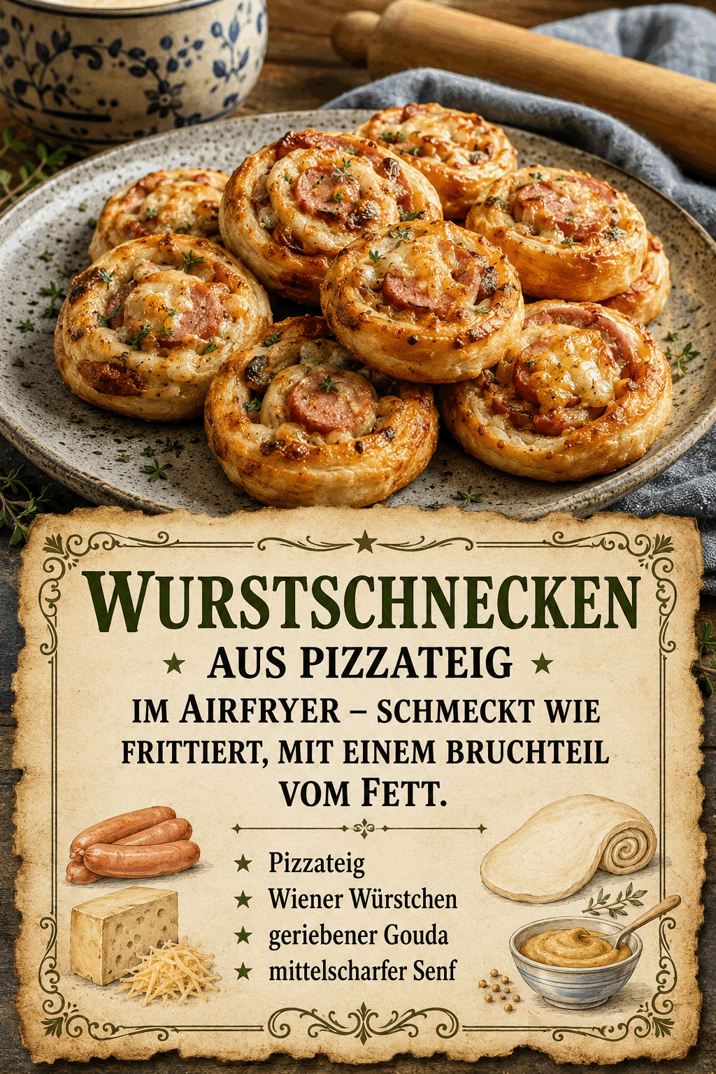 - Pizzateig - Wiener Würstchen - geriebener Gouda - mittelscharfer Senf