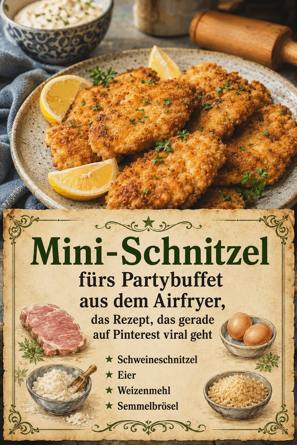 - Schweineschnitzel - Eier - Weizenmehl - Semmelbrösel