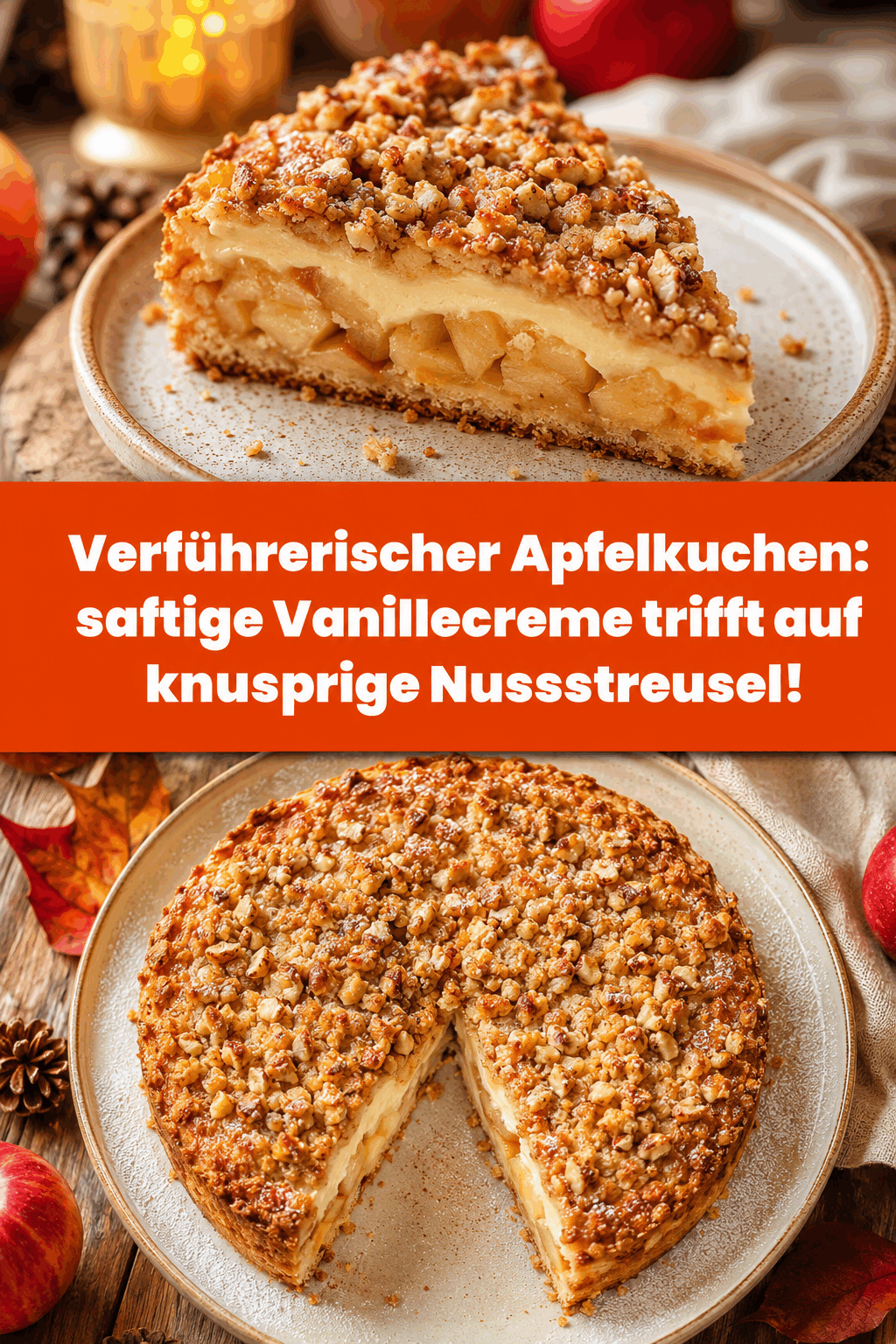Verführerischer Apfelkuchen: saftige Vanillecreme trifft auf knusprige Nussstreusel!