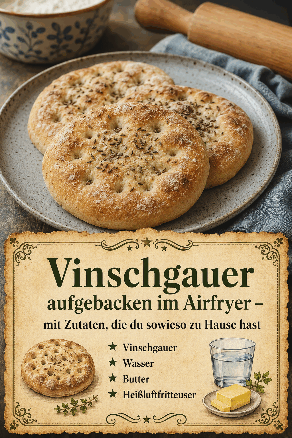 - Vinschgauer - Wasser - Butter - Heißluftfritteuse