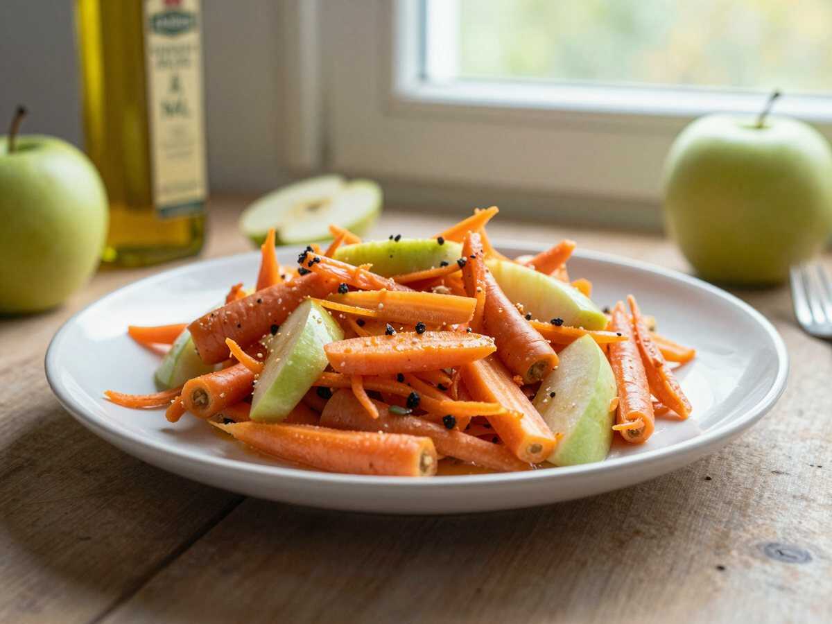 Apfel-Karotten-Salat frisch gerieben – während der Zubereitung