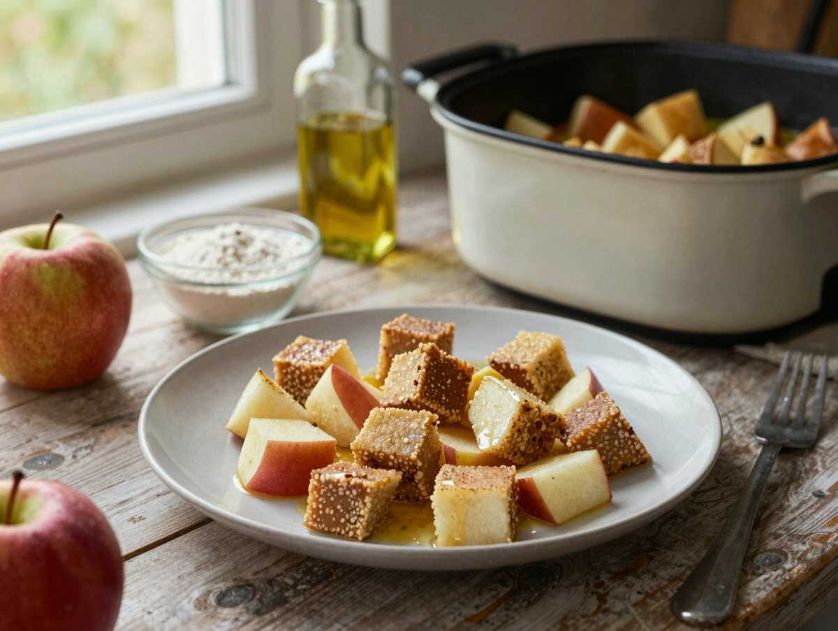 Apfel-Zimt-Würfel aus der Heißluftfritteuse – während der Zubereitung