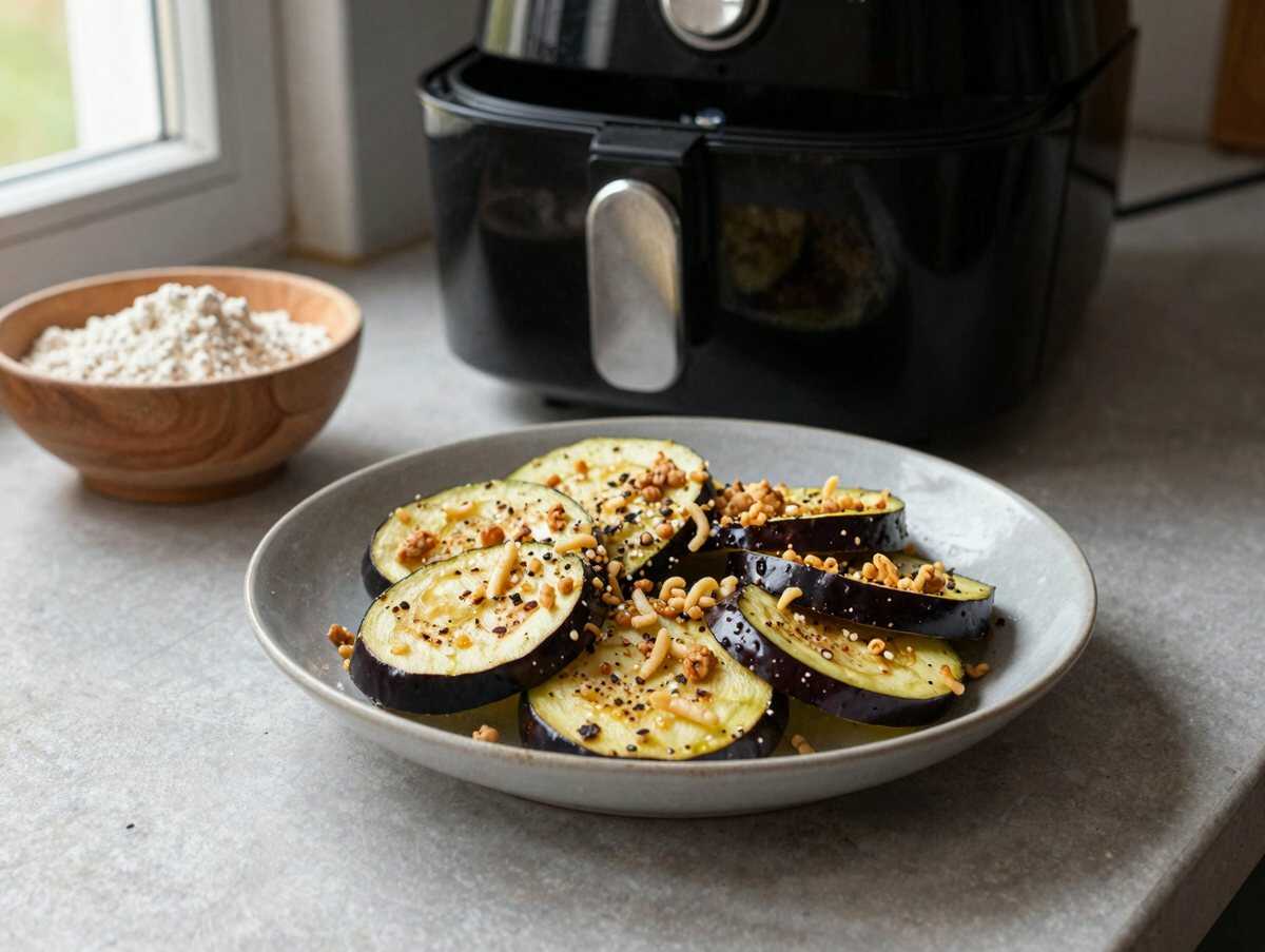 Auberginenscheiben paniert aus dem Airfryer – günstig, schnell und unglaublich lecker – während der Zubereitung