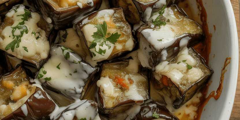 Auberginenwürfel mit Knoblauch und Petersilie