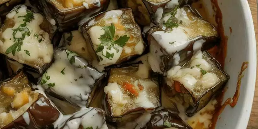 Auberginenwürfel mit Knoblauch und Petersilie