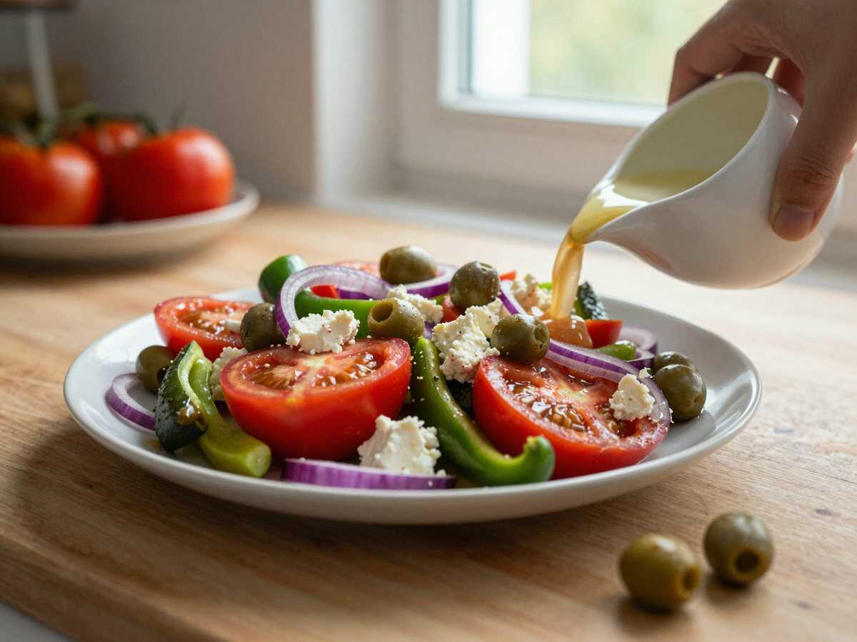 Authentischer griechischer Bauernsalat (Horiatiki) – während der Zubereitung