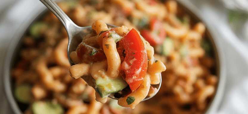 Bandnudelsalat mit zweierlei Tomaten & Gurken – Der sommerliche Frischekick! – so sieht es fertig aus