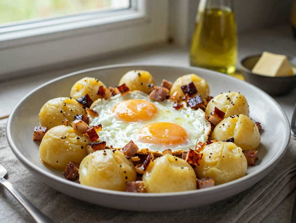 Bauernfrühstück mit Kartoffeln und Ei, das beliebteste Kartoffelrezept auf Pinterest – während der Zubereitung