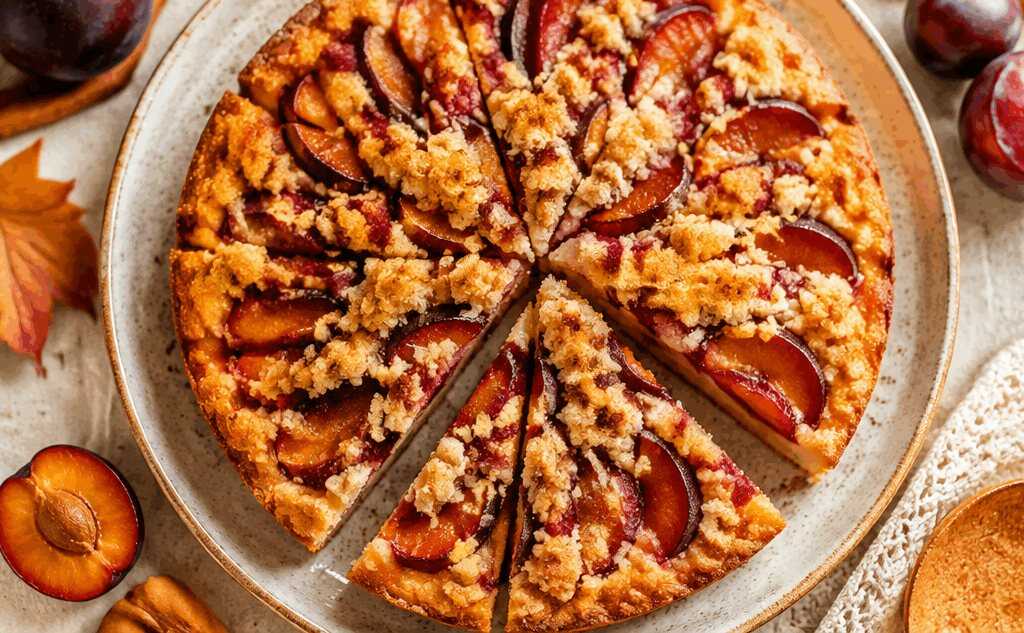 Bereit in nur 5 Minuten: Leckerer Pflaumenkuchen mit Zimtstreuseln!