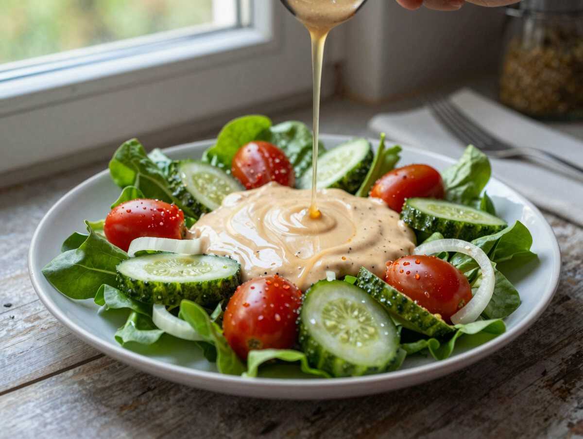 Blattsalat mit Honig-Senf-Soße – während der Zubereitung