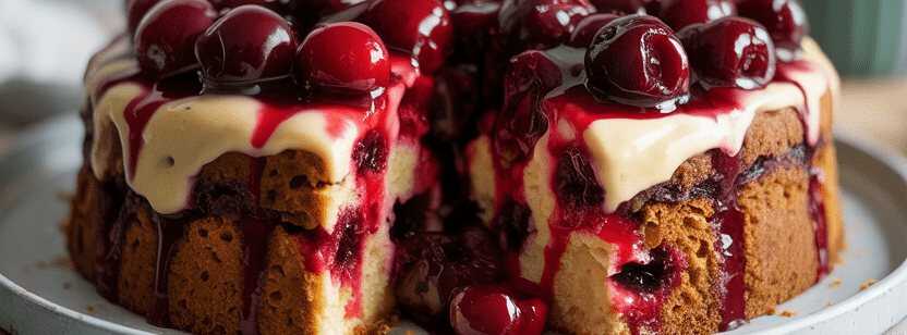 Blitz Kirschkuchen mit Pudding & 1 Glas Sauerkirschen – so sieht es fertig aus