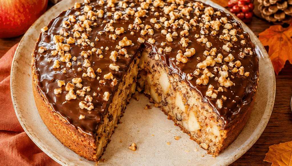 Blitzschneller Nuss-Apfelkuchen mit köstlicher Schokoglasur